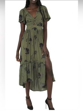Angie Olive Green Floral Cutout High-Low Maxi Dress Side Slit Boho Size M